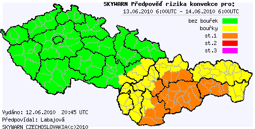 Předběžná předpověď konvektivních bouří na 13.6.2010