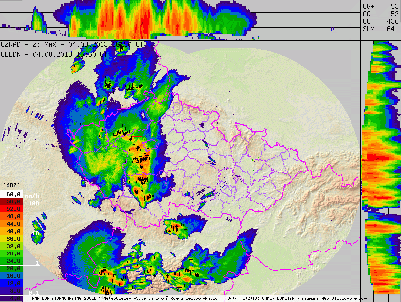 Radarový snímek s detekcí blesků ze 17:50 SELČ. Křížek značí Slaný.