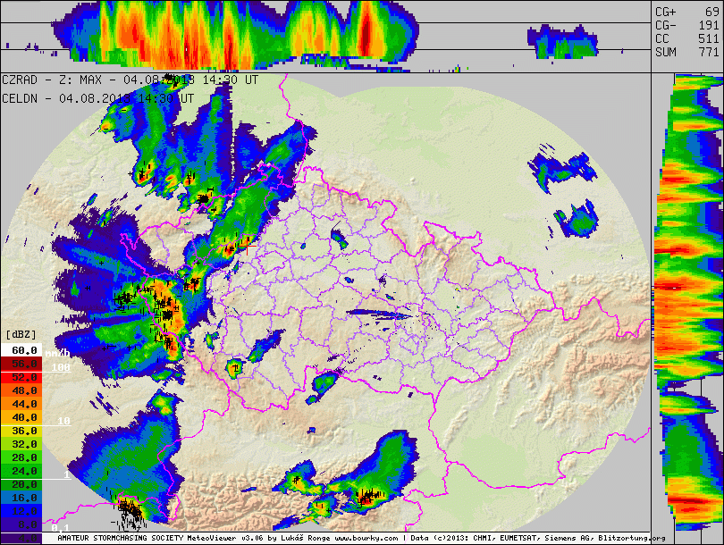 Radarový snímek s detekcí blesků ze 16:30 SELČ. Křížek značí Slaný.