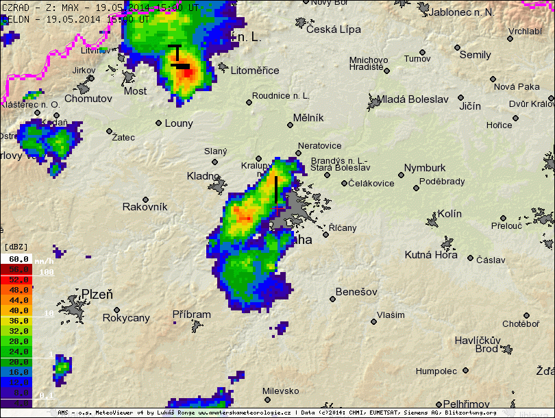 Radarový snímek s detekcí bleskù ze 16:30 SELÈ. Køížek znaèí Slaný.